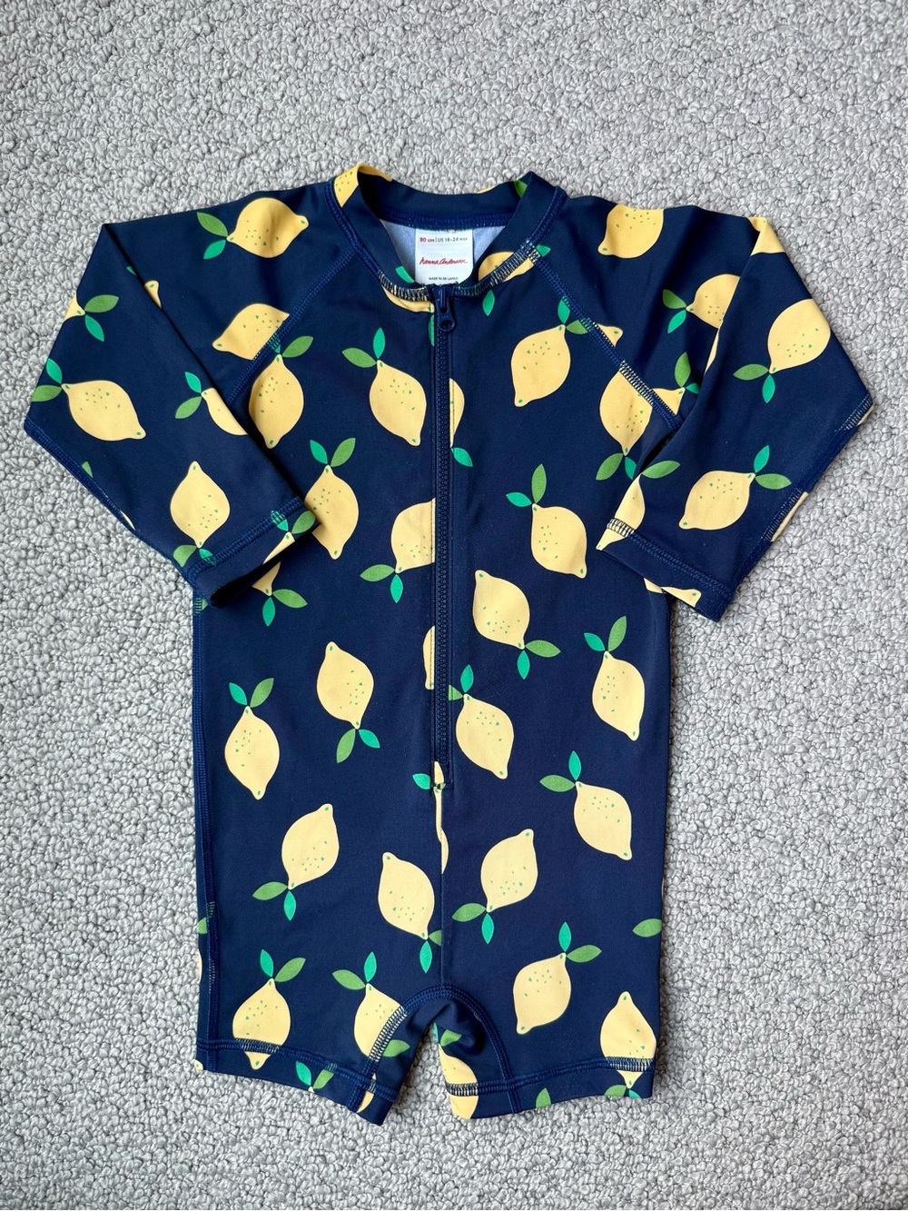 Hanna Andersson Navy Lemon Print Long Sleeve Full Zip Rash Guard 18-24M